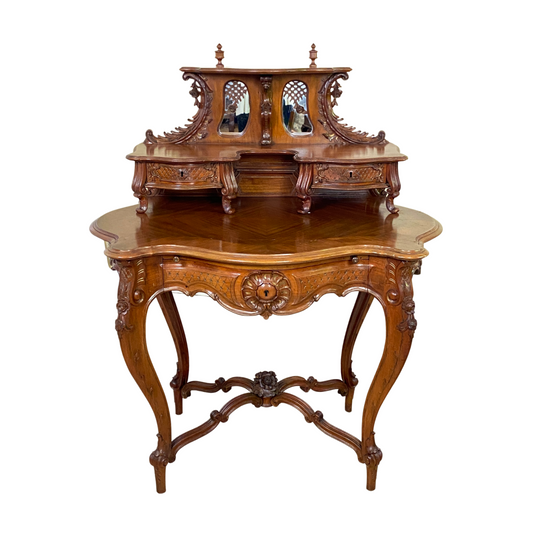 Antique French Carved Walnut 2pc Vanity / Desk