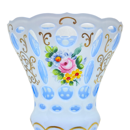 Bohemian Czech Cut to Blue Hand Painted Vase