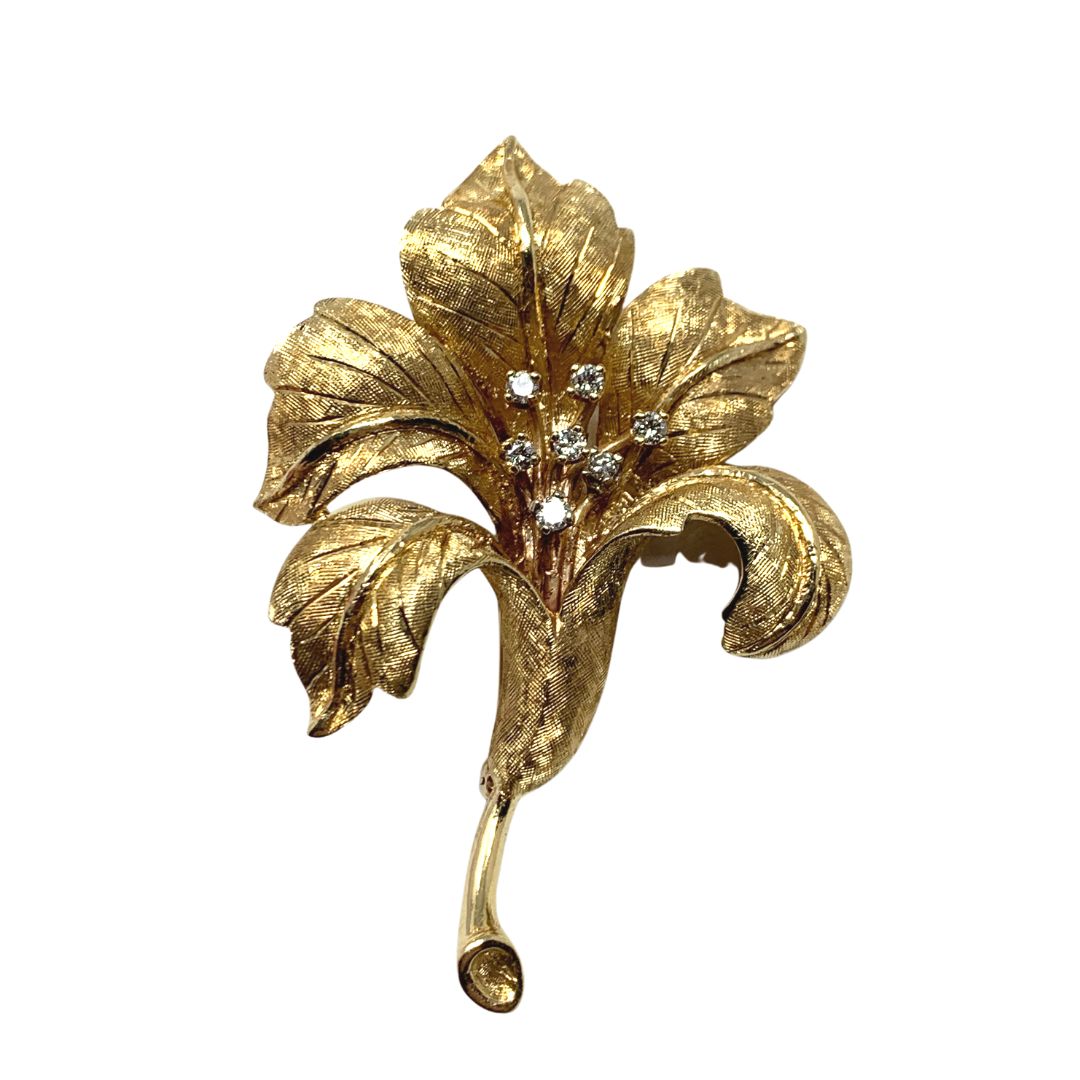 14K Gold & Diamond Iris Flower Brooch