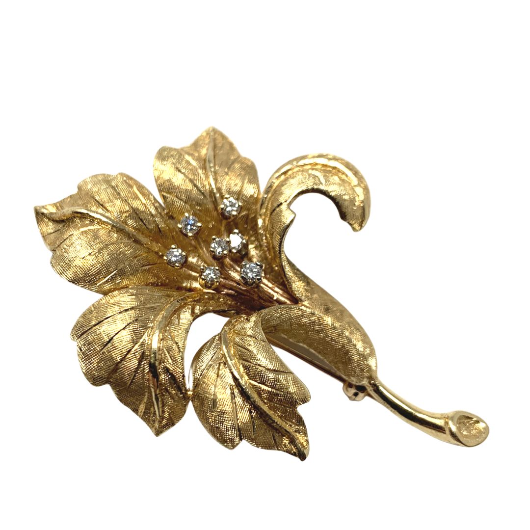 14K Gold & Diamond Iris Flower Brooch