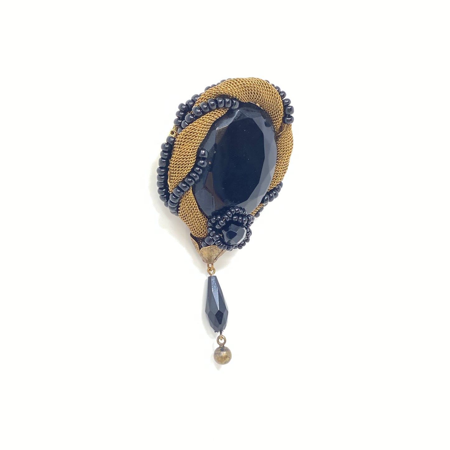 Vintage Gold Mesh & Onyx Bead Mourning Brooch