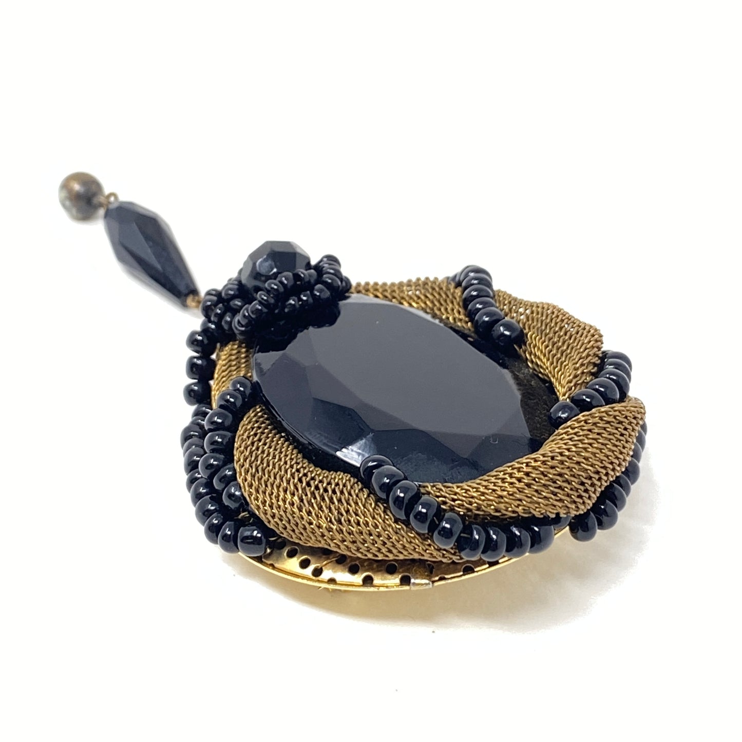 Vintage Gold Mesh & Onyx Bead Mourning Brooch