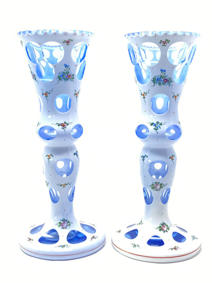 Antique Rare Bohemian Moser Czech Cased White To Blue Large Vases (Pair)