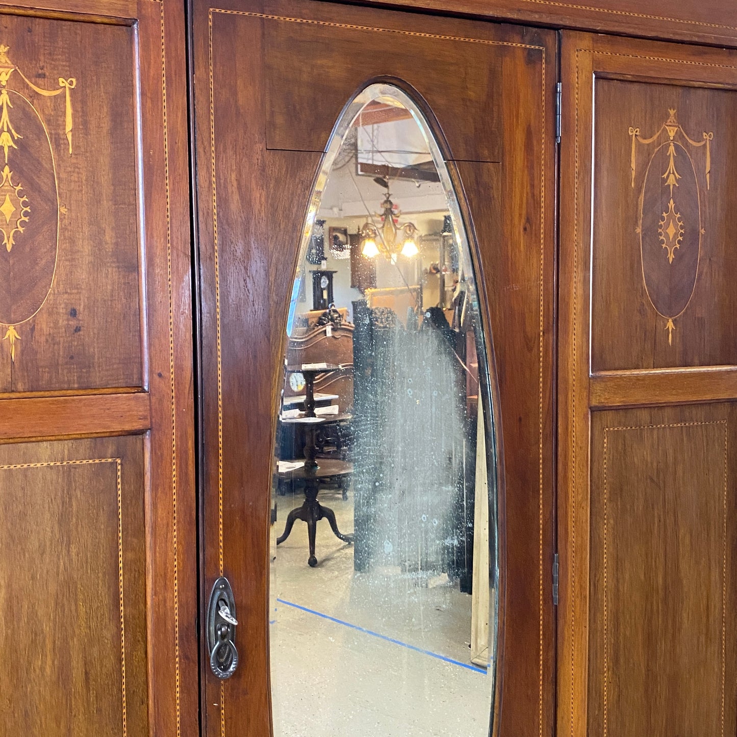 Antique Edwardian Inlaid Mirrored Wardrobe w/ Drawer