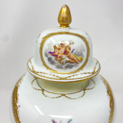 Dresden Lidded 12" Cherub & Gilt Porcelain Vase