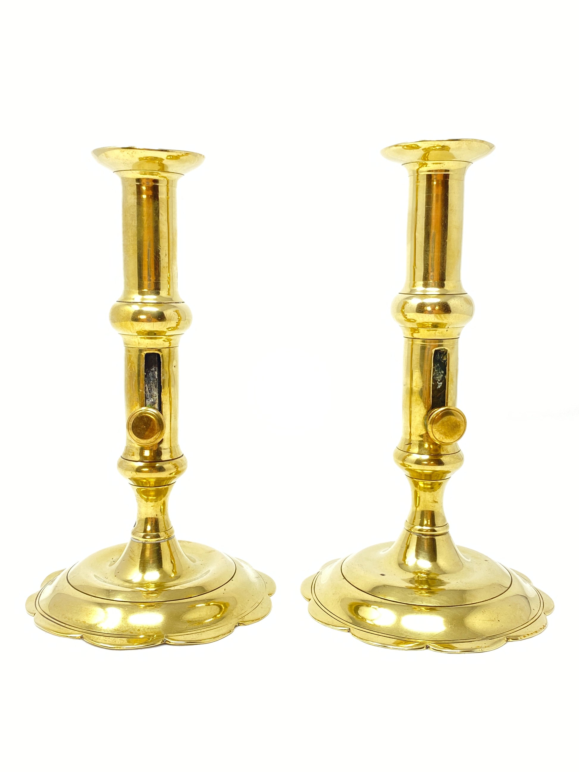 Antique Pair 19th Century Push Up Brass Candlesticks