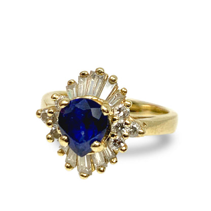 14K Gold Pear Blue Sapphire & Diamond Cocktail Ring