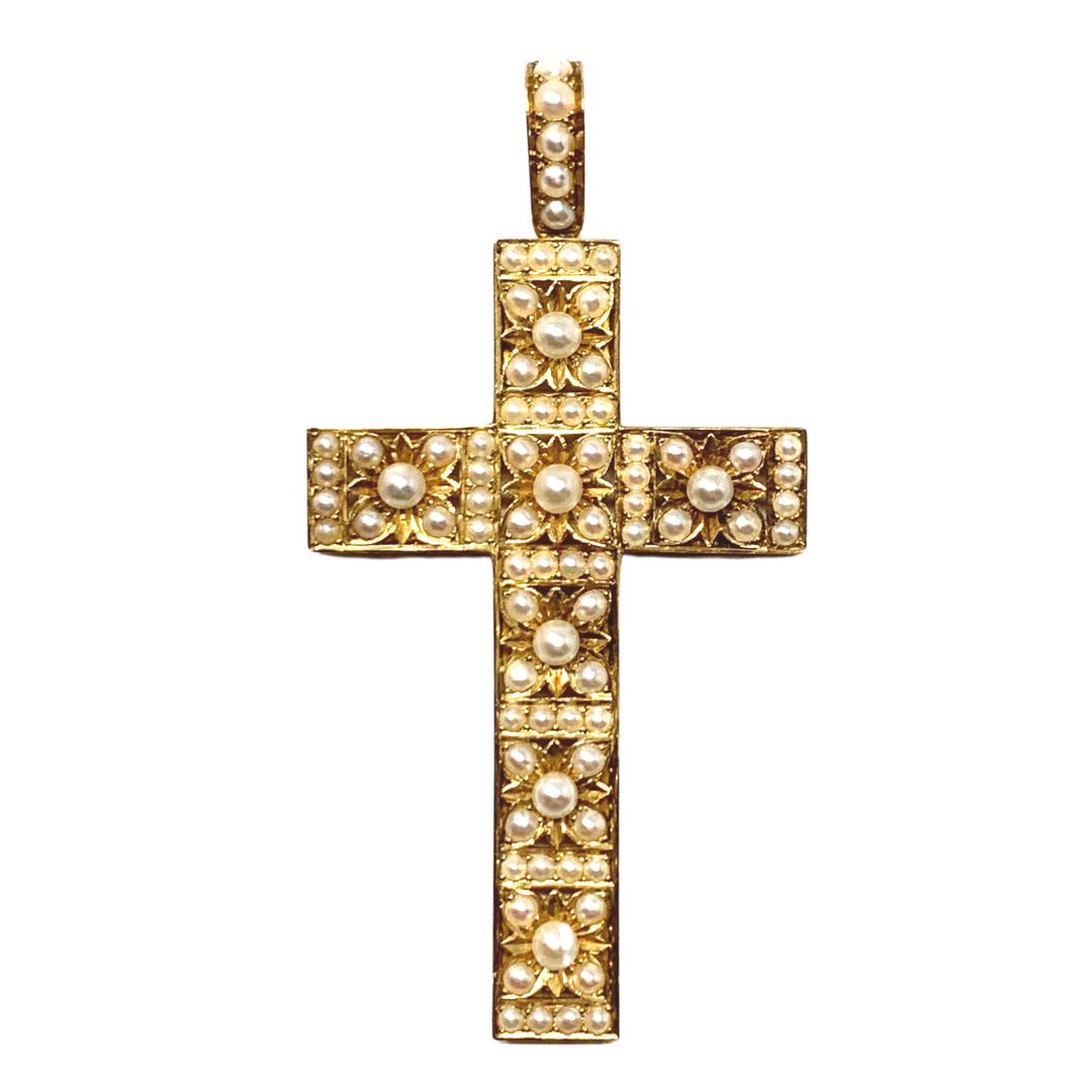14K Gold Hamilton & Inches Victorian Pearl Encrusted Cross Pendant