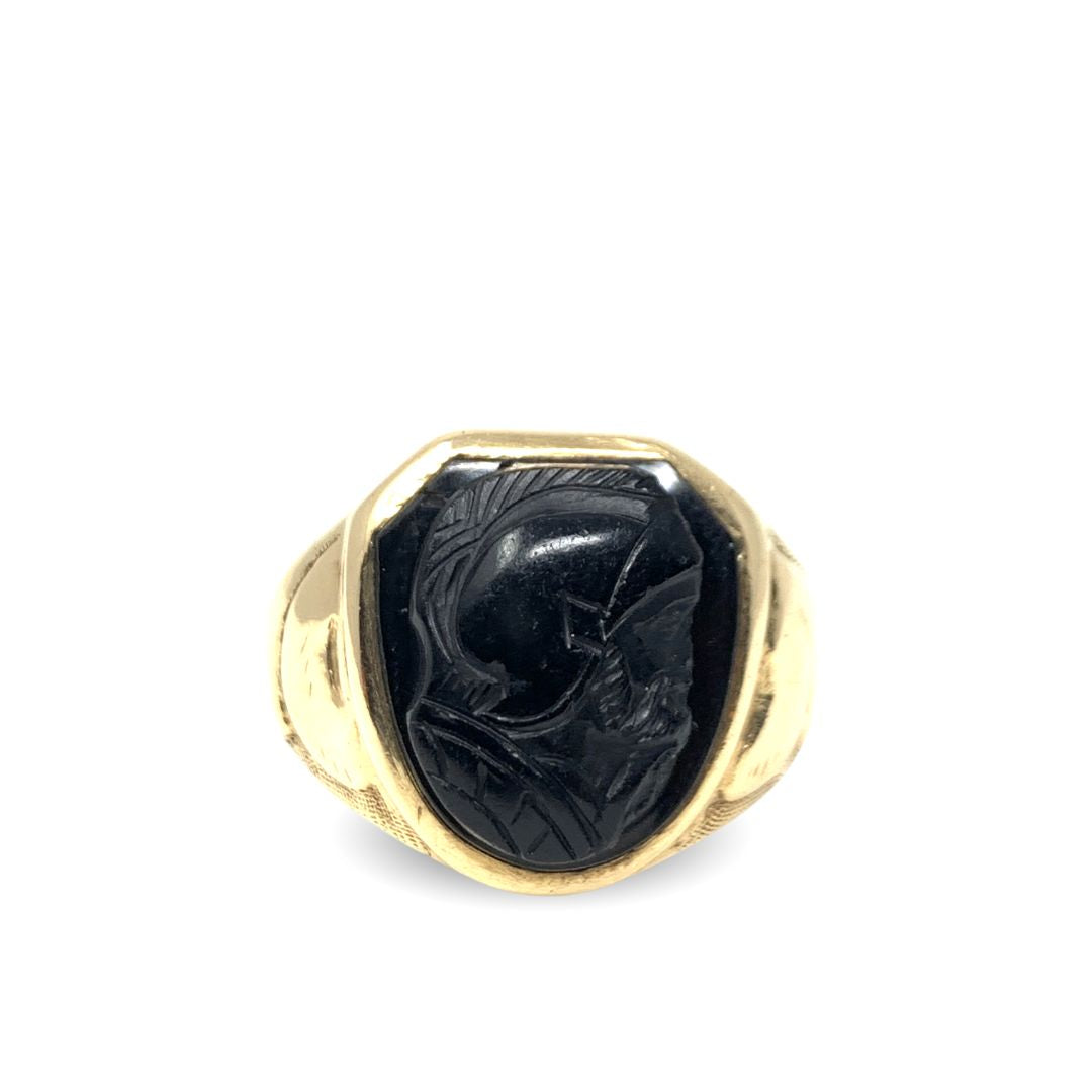 10K Gold Vintage Black Knight Shield Cameo Ring