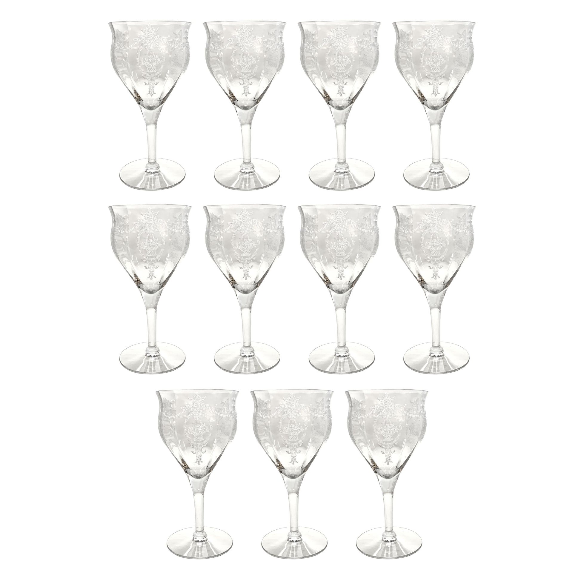 6 Vintage Etched Crystal Cocktail Martini Glasses, Tiffin