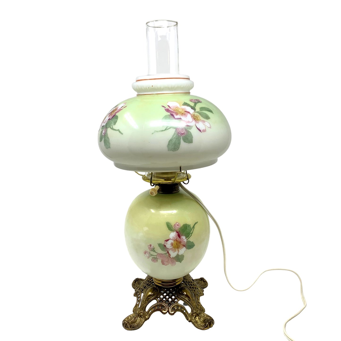 Antique GWTW Electrified Floral Hurricane Oil Lamp