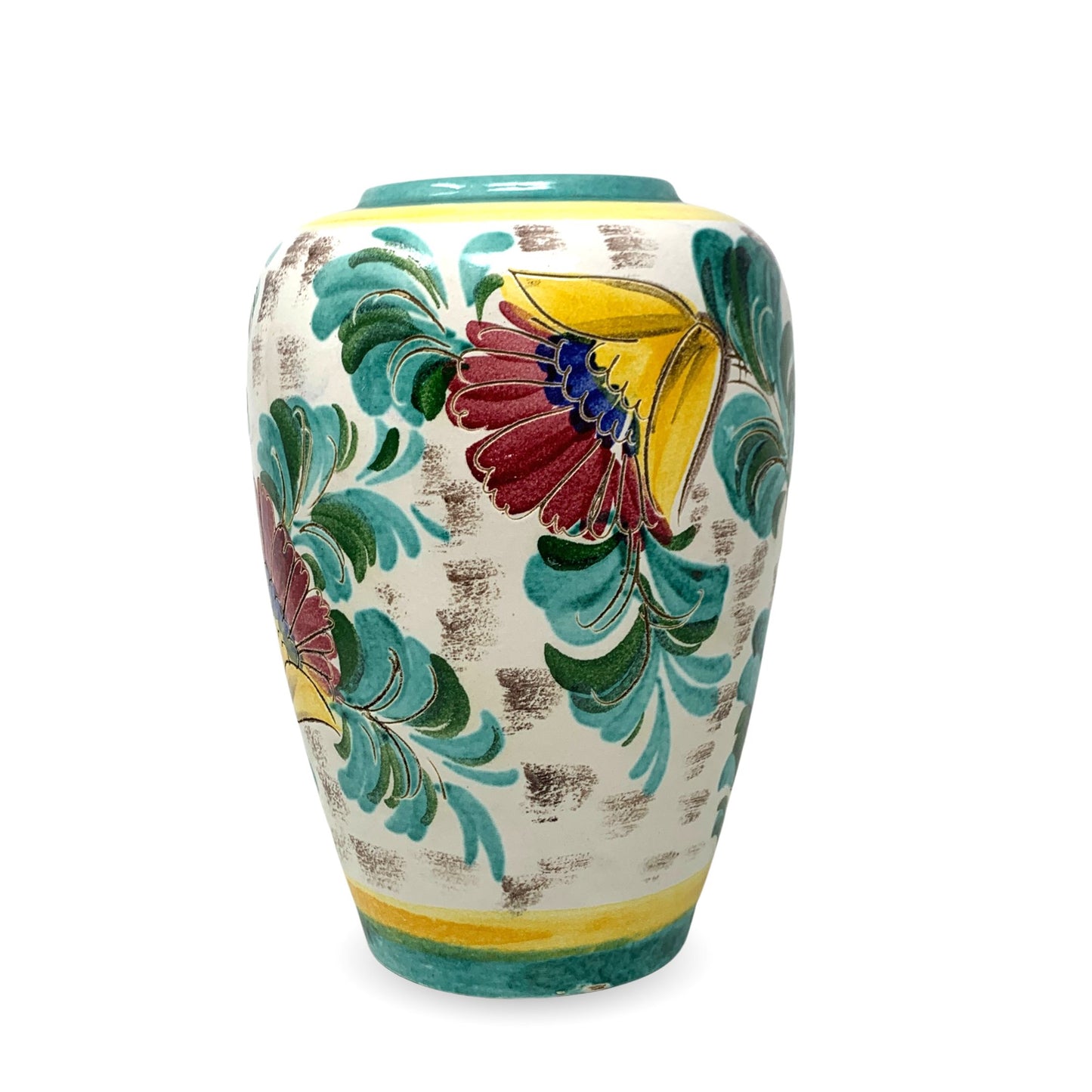 1950's Vintage Ceramic Faience Hand Painted 12" Floral Vase
