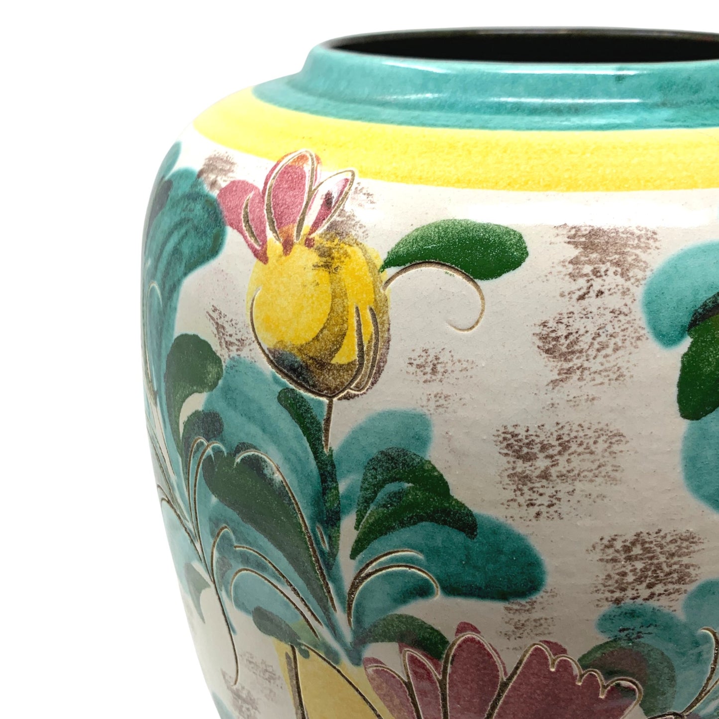 1950's Vintage Ceramic Faience Hand Painted 12" Floral Vase