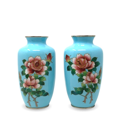 Mid Century Japanese Cloisonné Blue Enamel Rose Vases (Pair)