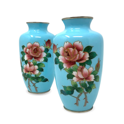Mid Century Japanese Cloisonné Blue Enamel Rose Vases (Pair)