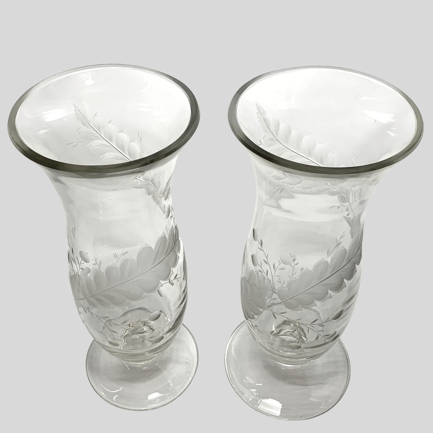 Pair of Vintage 13" Etched Crystal Hurricane Vases (2)