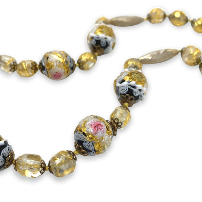 Vintage Venetian Wedding Cake Gold Foil 22" Glass Bead Necklace