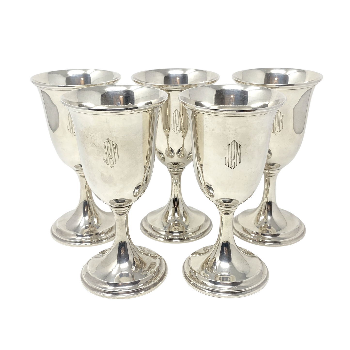 (5) Vintage S. Kirk & Son Inc. Sterling Silver JPM Monogram Wine/Water Goblets
