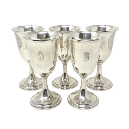 (5) Vintage S. Kirk & Son Inc. Sterling Silver JPM Monogram Wine/Water Goblets