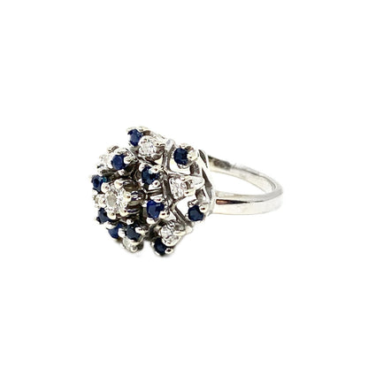 14K Gold Diamond & Blue Sapphire Cluster Ring