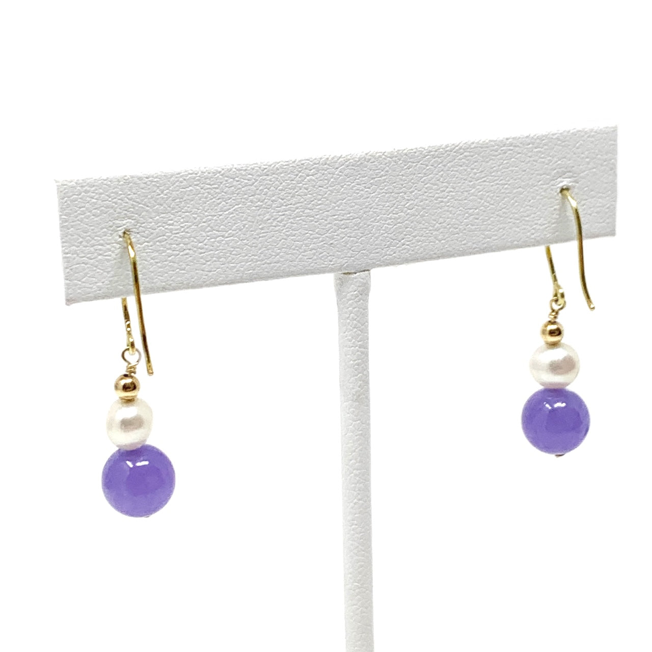 14K Gold Pearl & Purple Jade Drop Earrings