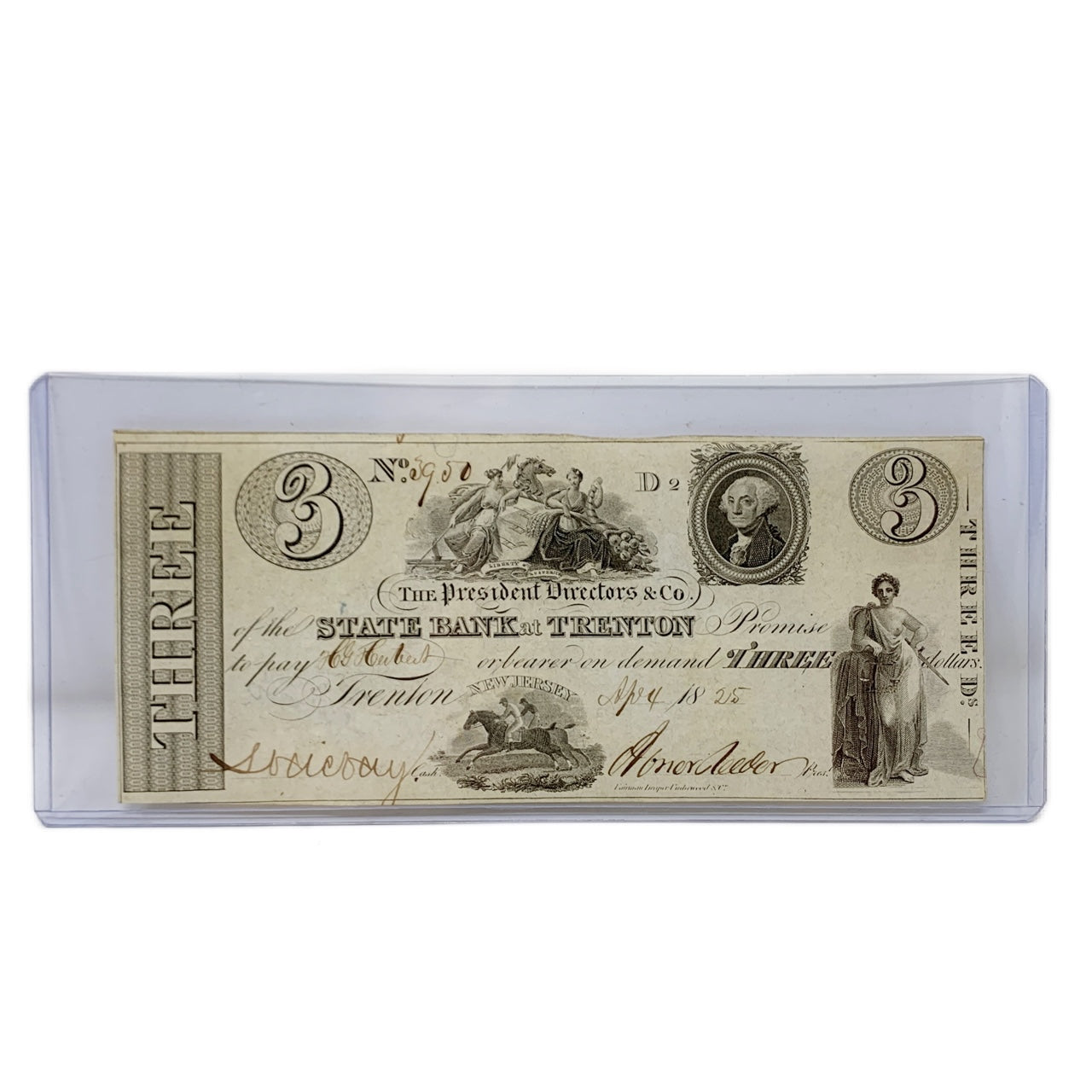 1825 $3 Trenton NJ State Bank Obsolete Currency