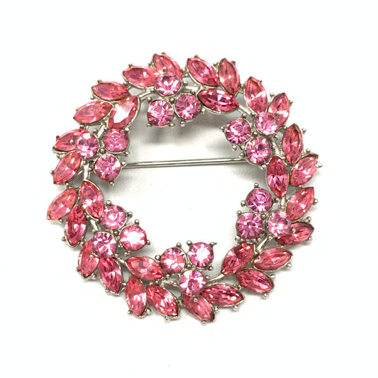Crown Trifari Signed Pink Rhinestone Vintage Wreath Brooch