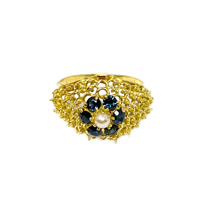 18K Pearl & Sapphire Filigree Halo Ring