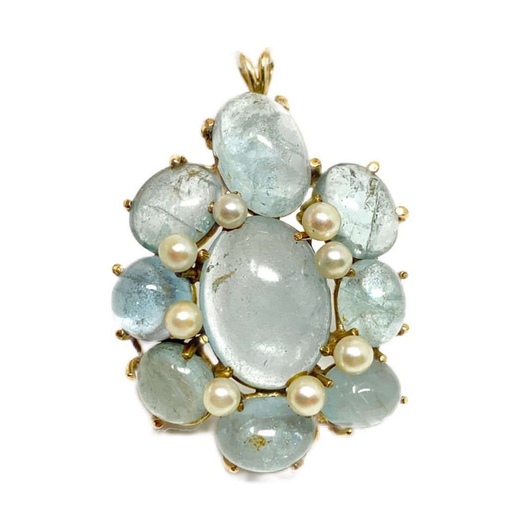 14K Gold Aquamarine Cabochon & Pearl Pendant