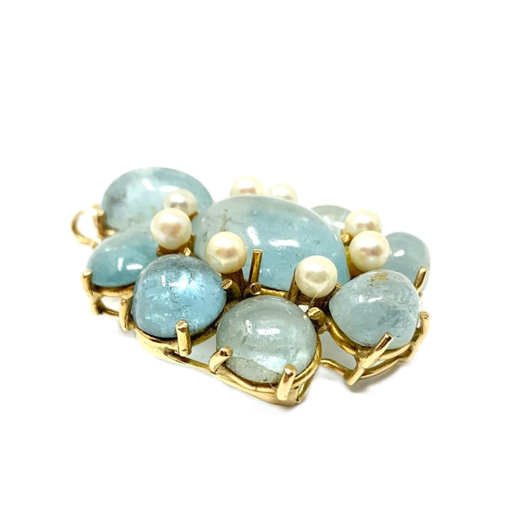 14K Gold Aquamarine Cabochon & Pearl Pendant