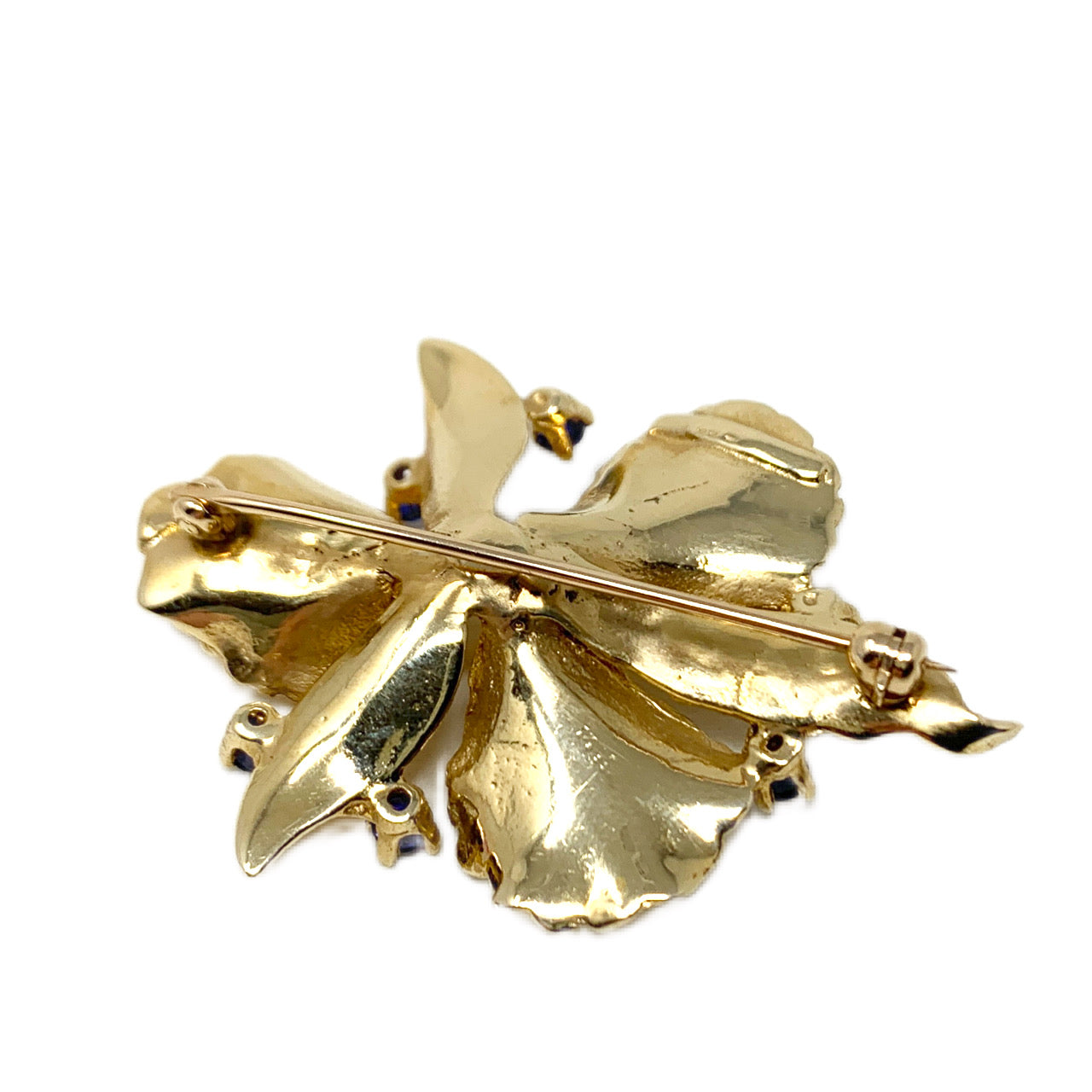 14K Gold Pearl & Sapphire Brushed Flower Brooch
