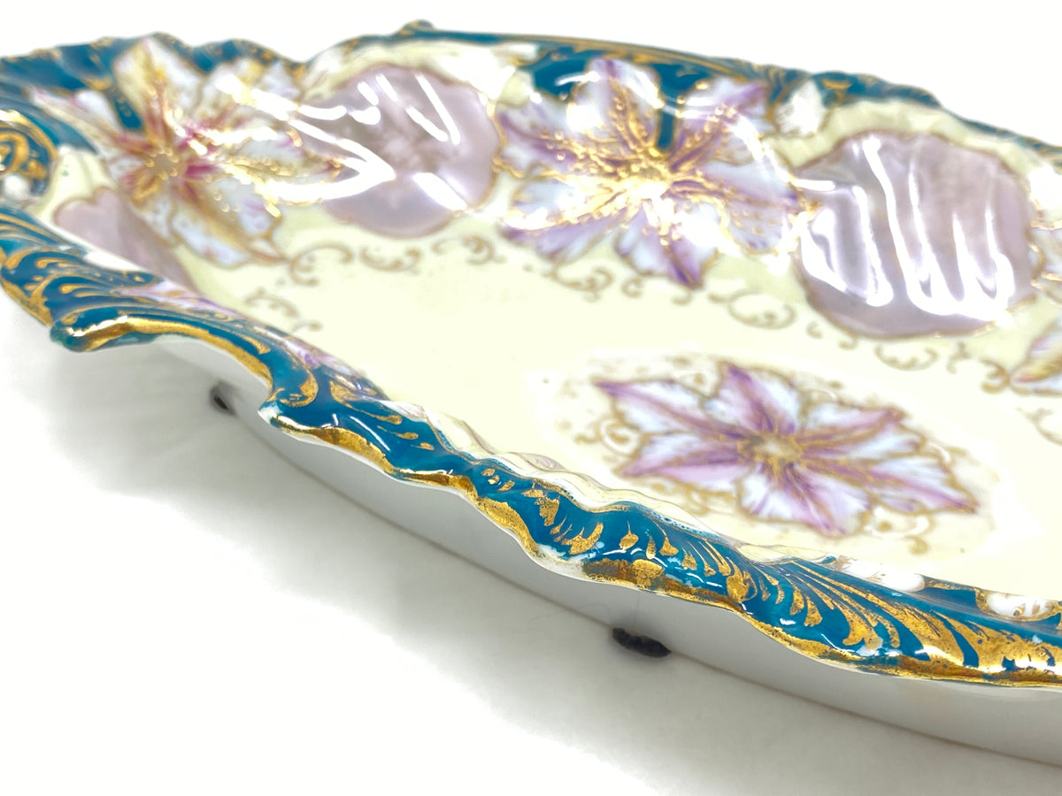 R.S. Prussia Porcelain Hand Painted Teal & Yellow Celery Dish