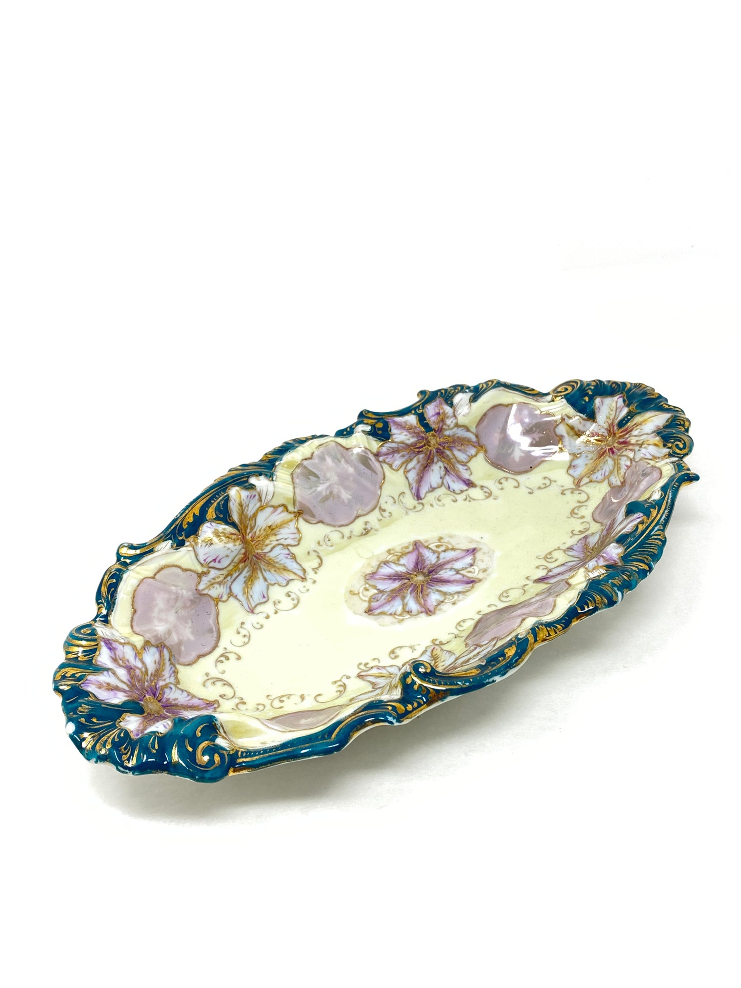 R.S. Prussia Porcelain Hand Painted Teal & Yellow Celery Dish