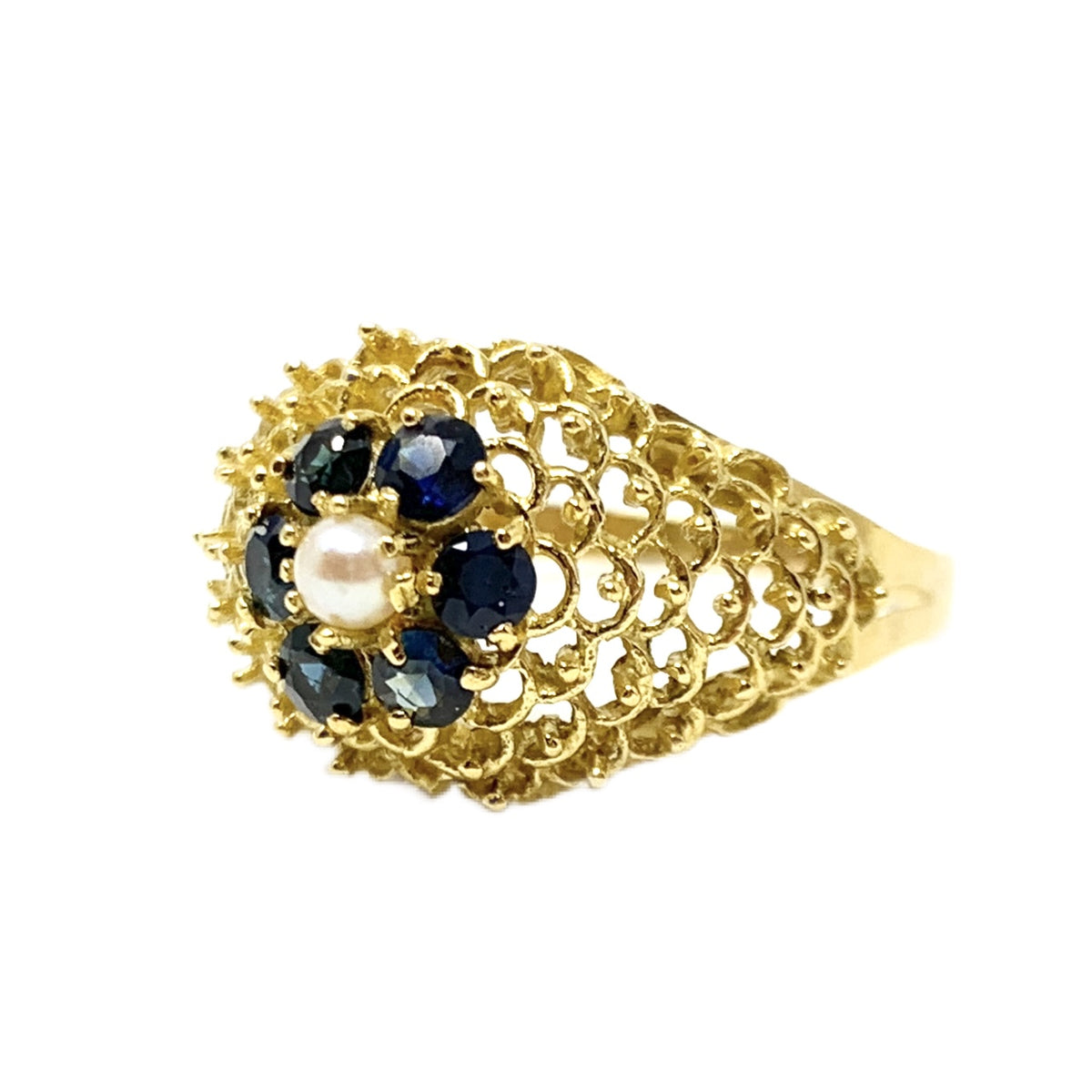 18K Pearl & Sapphire Filigree Halo Ring