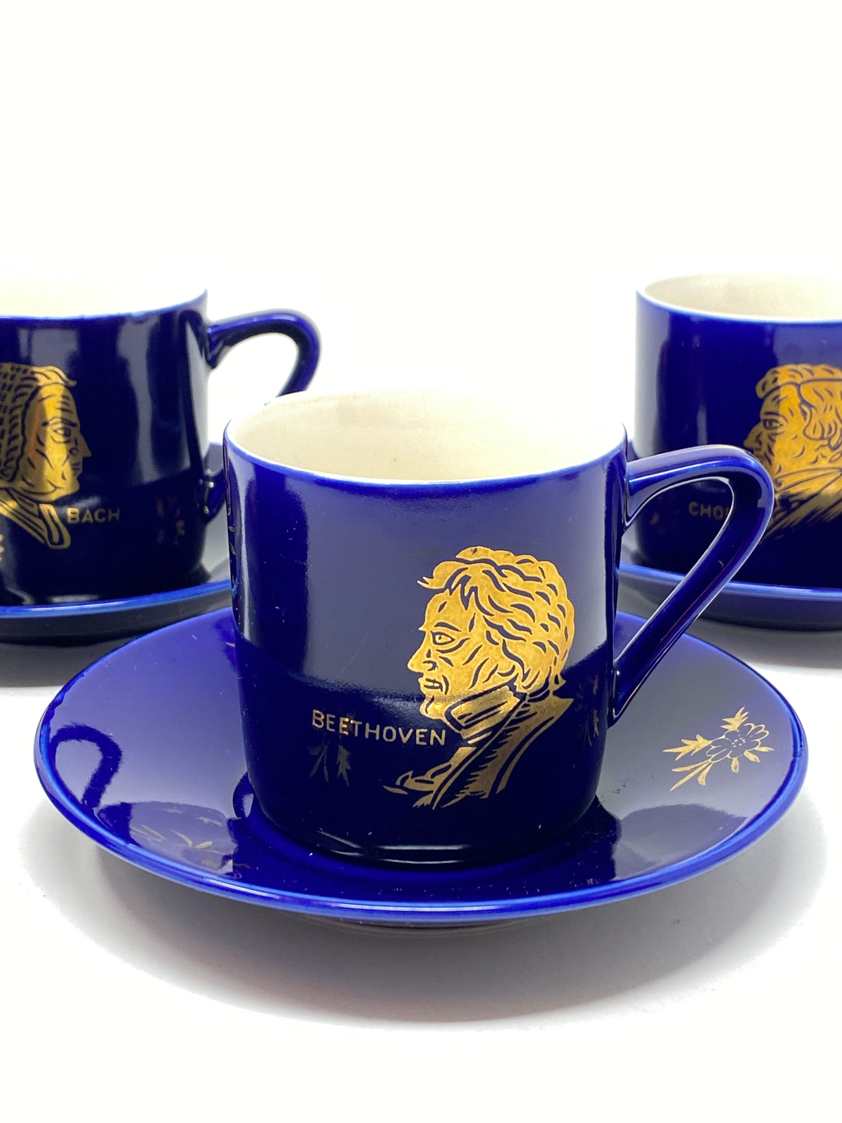 Vintage Lugenes Japan Set of Four Cobalt Composers Demitasse Cups & Saucers