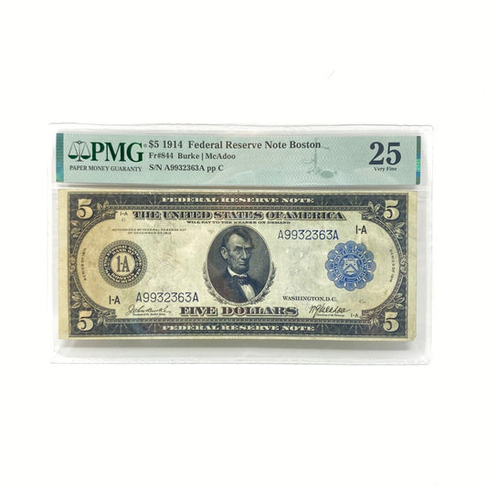 1914 $5 Fr#844 Boston Federal Reserve Note PMG VF25